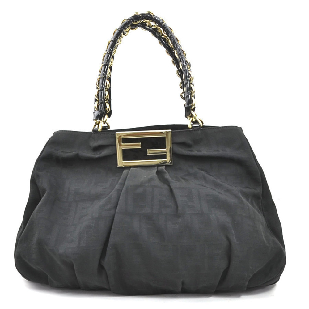 Fendi Patent Bag Black Leather Zucca Canvas Mia Vernis Shoulder Black